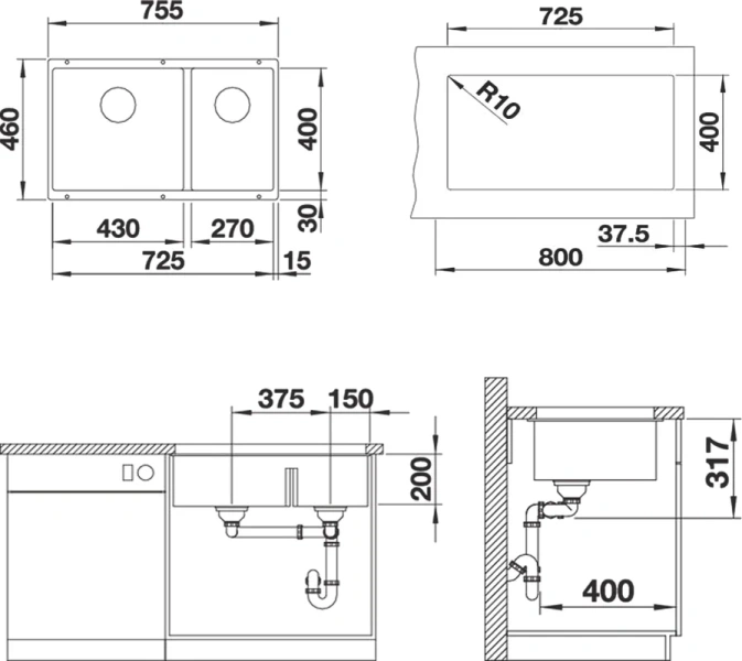 Мойка для кухни Blanco Subline 430/270-U 75 см антрацит 523151 Мойка для кухни Blanco Subline 430/270-U 75 см антрацит 523151