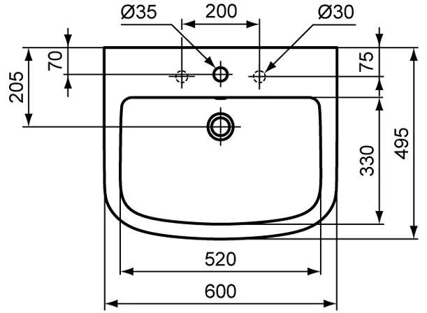Раковина Ideal Standard Tempo T0564 60 см с отверстием для смесителя Раковина Ideal Standard Tempo T0564 60 см с отверстием для смесителя