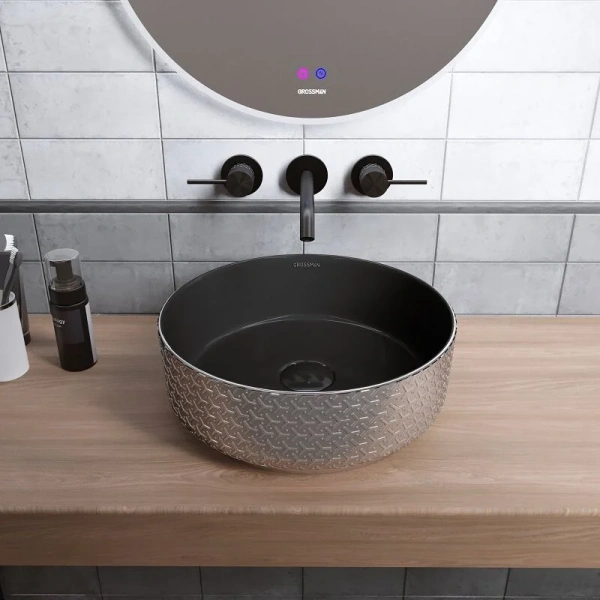 Раковина Grossman Color 35.5 см серебро/черная с геометричной текстурой GR-5010SBR Раковина Grossman Color 35.5 см серебро/черная с геометричной текстурой GR-5010SBR